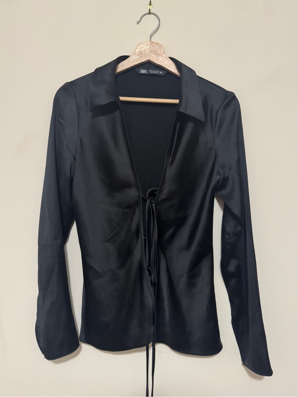 Zara Black Satin Tie-Front Shirt